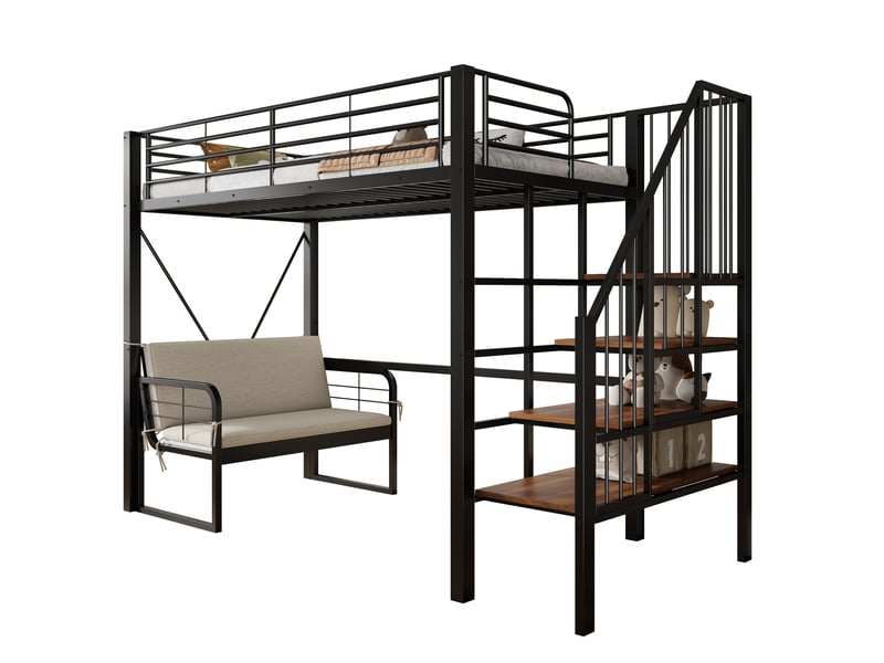  Lit superposé 90 x 200 cm, coloris noir, structure métal, sofa amovible, coffre et marche sûre.  - Conforama A