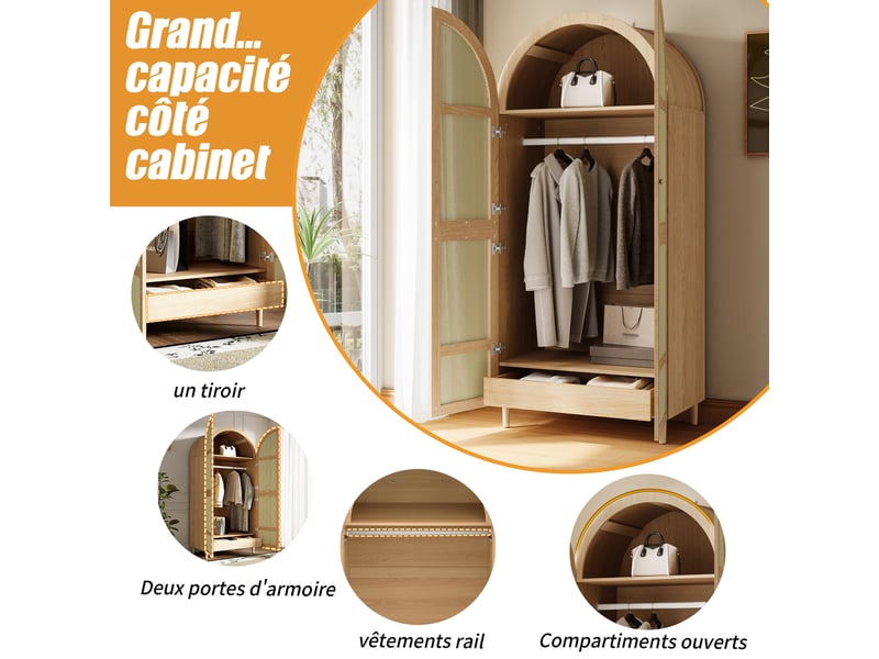 Armoire 80x50x179 cm avec penderie, portes en rotin, tiroir et rangement intérieur, design arrondi mdf naturel OMNIGLINT TRADING LTD - Conforama E