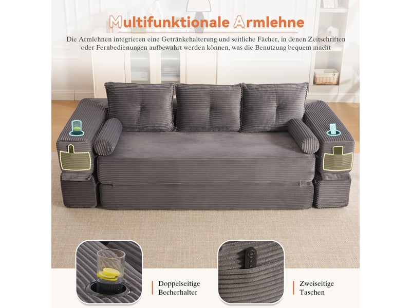  Canapé convertible 3 places en velours côtelé gris foncé avec porte-gobelet et coussins à mémoire de forme  - Conforama E