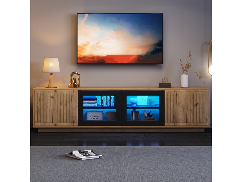 Meuble tv effet bois naturel & noir et vitrine avec led 4 portes - Conforama C