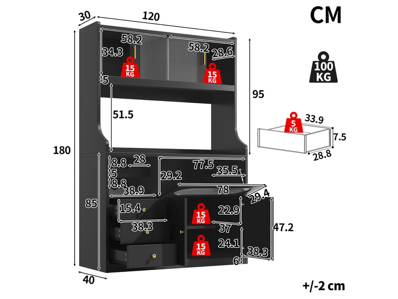  Buffet de cuisine 120x40x180 cm - 5 portes, 3 tiroirs, rangement à vin, plan de travail et éclairage led - noir  - Conforama C