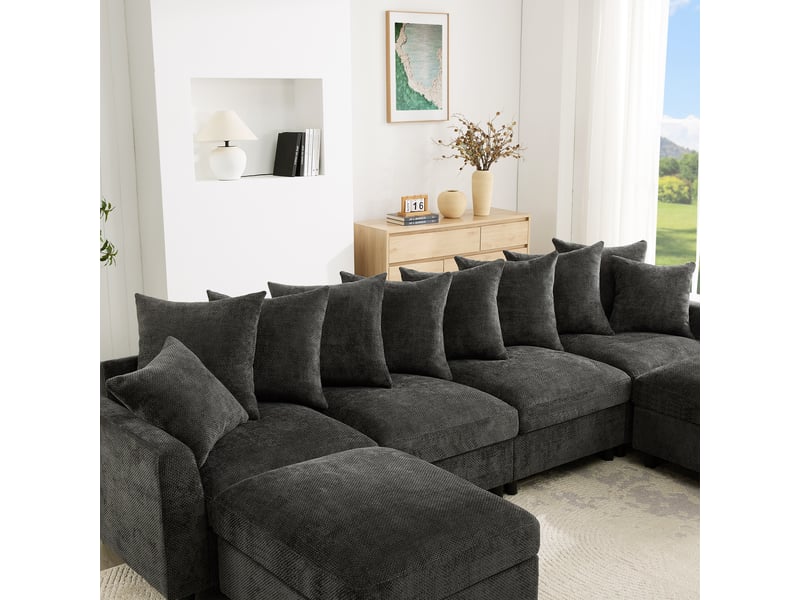 Canapé d'angle, canapé modulable, 6 places, en chenille, gris, repose-pieds, pour salon et séjour, usb - Conforama W