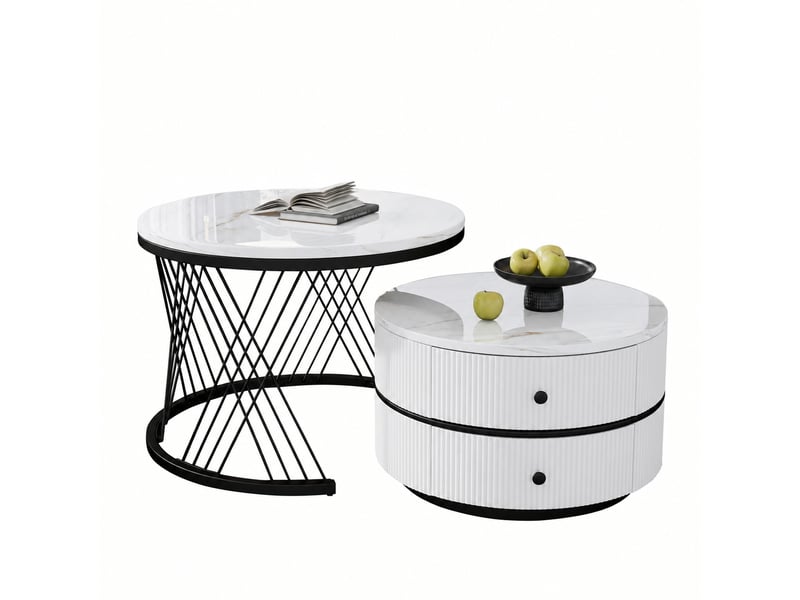 Ensemble de deux tables basses rondes gigognes blanches, effet marbre haute brillance, avec tiroirs - Conforama A