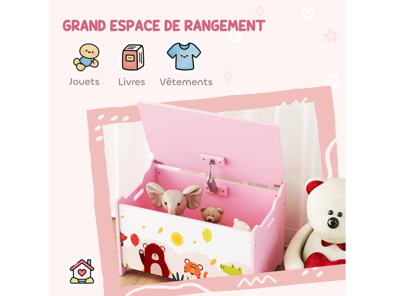  Coffre à jouet enfant coffre de rangement enfant couvercle rabattable motif animal rose 60 x 37 x 39 cm  - Conforama A