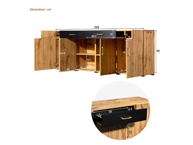 Buffet 4 portes 2 tiroirs en panneau de particules marron et blanc 208x39.5x80 cm - pangivo - Conforama C