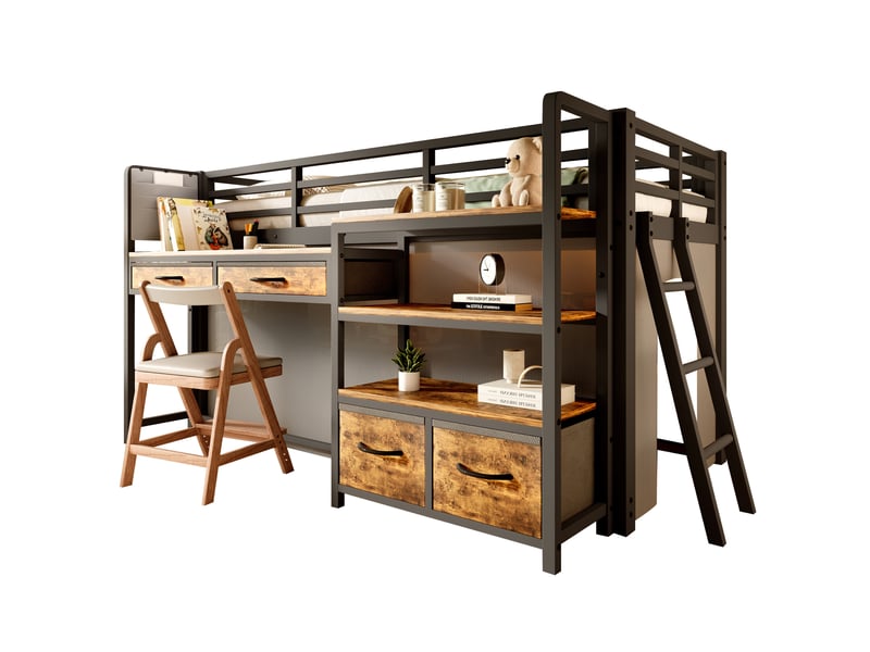  Lit mezzanine 90x200 cm avec bureau, rangement, tiroirs tissu, éclairage led, métal mdf noir sans matelas  - Conforama A