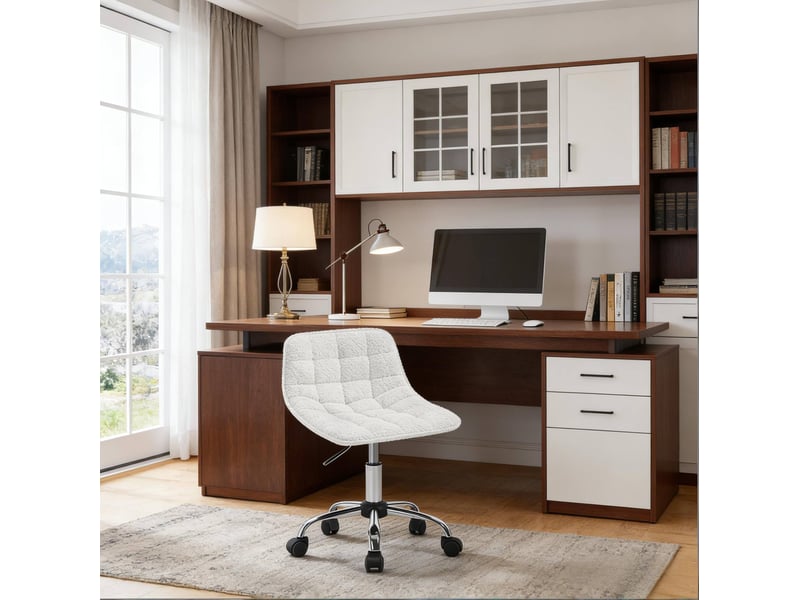  Tabouret de bureau blanc réglable en hauteur, pivotant à 360°, sur roulettes, idéal pour votre espace de travail  - Conforama E