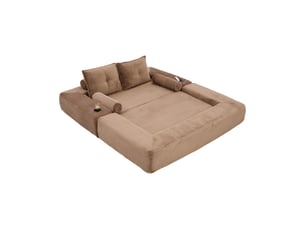 Canapé 2 places, avec couchage d'appoint, avec porte-gobelets, avec coussins, en velours côtelé, coloris marron, l180 x p98 x h80 cm