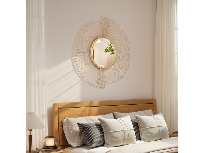  Miroir décoratif rond 60 cm avec fixation à 360°, doré, décoration murale en métal moderne avec détails plissés  - Conforama B