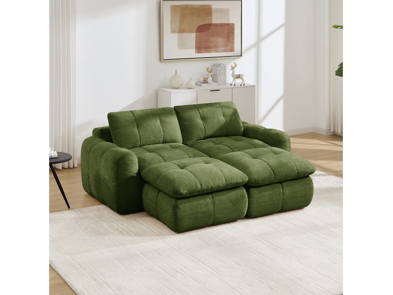 Canapé modulaire 2 places sans cadre avec 2 poufs, assise large et profonde, design matelassé en chenille vert - Conforama D