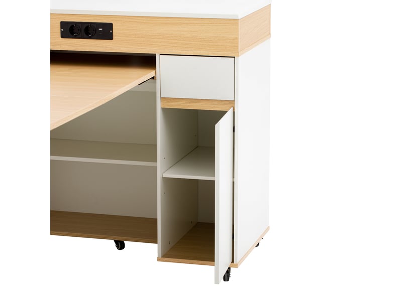 Desserte de cuisine extensible avec 1 tiroir, roulettes et prises en mdf 50,5 à 187,5×110,5×95,5 cm blanc naturel  - Conforama D