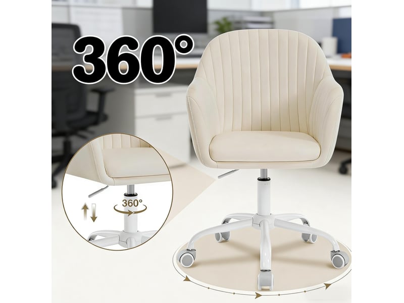  Chaise de bureau en velours crème avec accoudoirs intégrés, hauteur réglable et roulettes, style moderne  - Conforama E