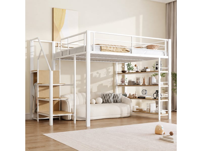  Lit mezzanine 140 x 200 cm blanc avec escalier de rangement, espace penderie et étagères  - Conforama C