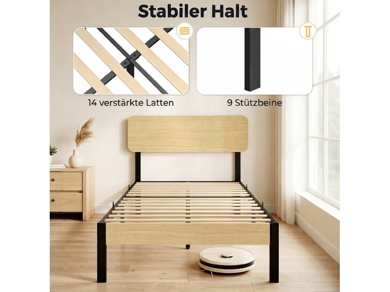 Lit cadre, 90x200 cm, espace sous le lit de 31, avec tête de lit, matelas non inclus, métal et bois, coloris naturel  - Conforama E