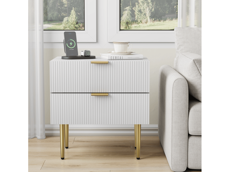  Table de chevet blanche à motif ondulé avec 2 tiroirs  - Conforama C