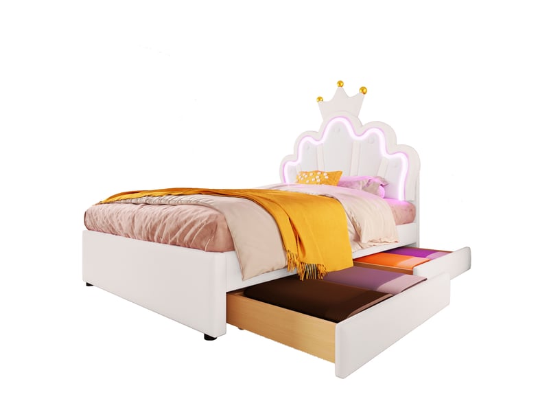  Lit enfant 90x200 cm avec led, tiroirs, sommier et tête réglable, lit princesse, pu blanc, sans matelas  - Conforama A
