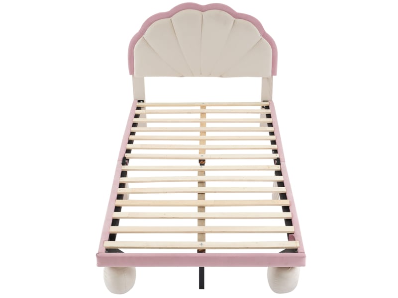  Lit capitonné enfant 90x200 cm, led multicolores, tête ondulée, pieds ronds rembourrés, lattes bois, sans matelas, velours beige et rose  - Conforama A