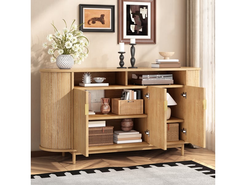  Buffet - 140x40x78cm - buffet basse de salon  côtelée en bois avec 3 portes, 2 niches ouvertes &amp; pieds en pin - naturel  - Conforama D