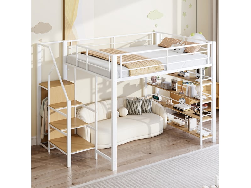  Lit mezzanine 140x200 cm avec escalier de rangement et étagères blanc  - Conforama B