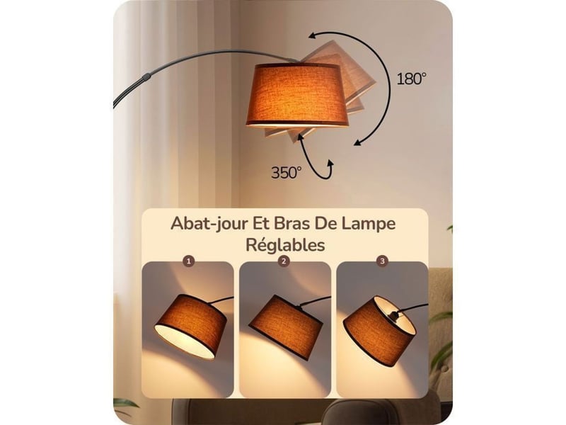  Lampe arc lampadaire noir metal 143 a 176 cm hauteur ajustable tete orientable 180 350 e27 led incluse avec telecommande et pedal 370618_AACLA95065_6_DROPFR - Conforama B