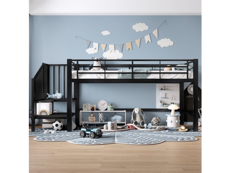  Lit mi-hauteur 90 x 200 cm marche avec rangement intégré 79,5 cm sous-lit lattes incluses mdf et métal noir sans matelas  - Conforama W