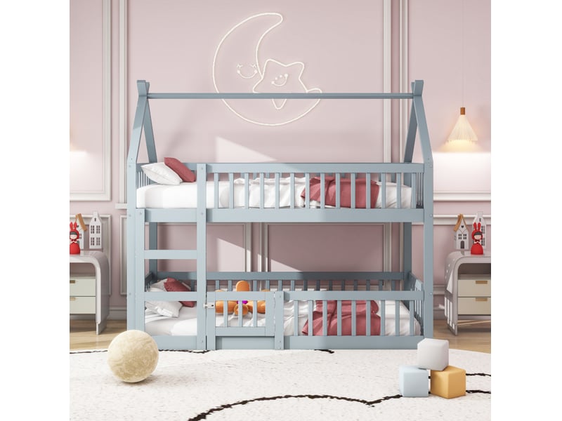  Lit superposé enfant 90x200 cm avec escalier bois gris sans matelas  - Conforama B
