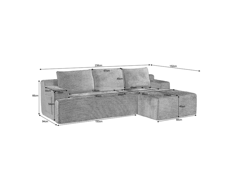 Canapé d'angle en velours côtelé 3 places, sans montage, modulaire, assise profonde, confort moelleux, design nuage  - Conforama C