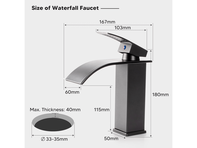  Robinet de lavabo cascade gris, mitigeur d'évier avec bec haut de 115 mm, robinet cascade gris g 38  - Conforama E