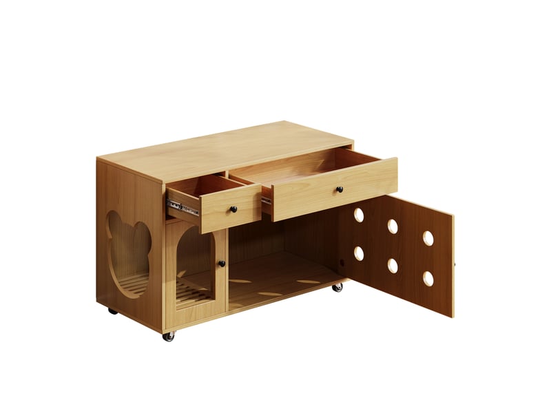  Meuble cache-litière félin 100x45x66 cm – naturel – 2 tiroirs, roulettes et rangement discret intégré  - Conforama D