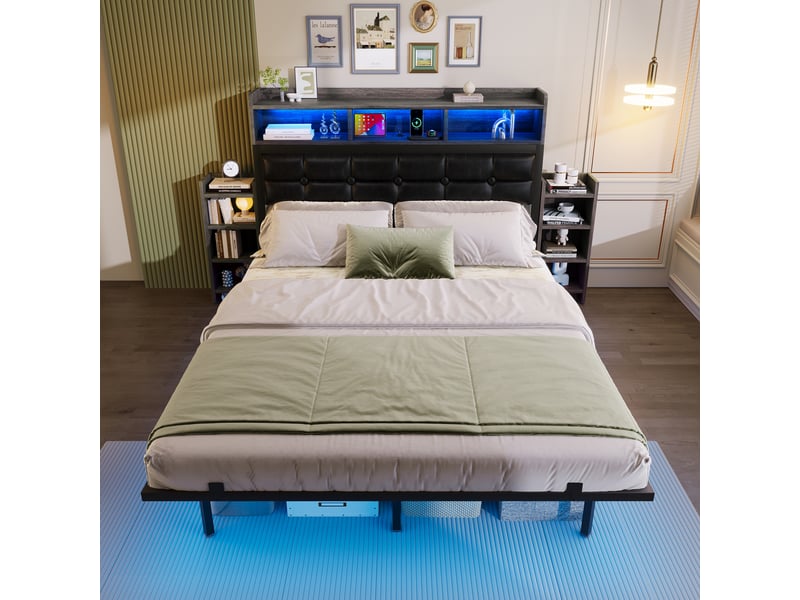  Lit 140x190 cm gris avec tête de lit, 2 chevets intégrés, rangements, usb et led, sommier inclus  - Conforama D