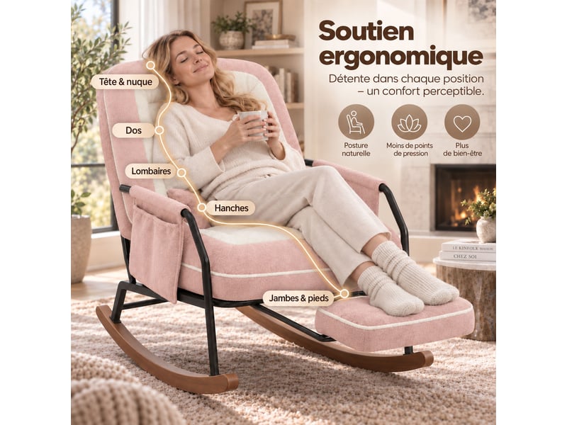  Fauteuil à bascule moderne avec dossier inclinable 100°-160°, repose-pieds escamotable, coussin en fausse fourrure de lapin,rose  - Conforama D