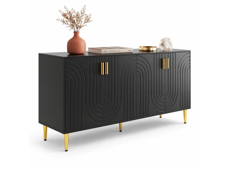  Buffet 4 portes noir 152 x 40 x 75 cm en mdf avec poignées et pieds dorés  - Conforama A
