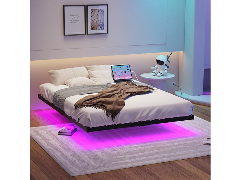  Cadre de lit 140 x 200 cm en métal noir avec sommier à lattes, led et station de charge  - Conforama B