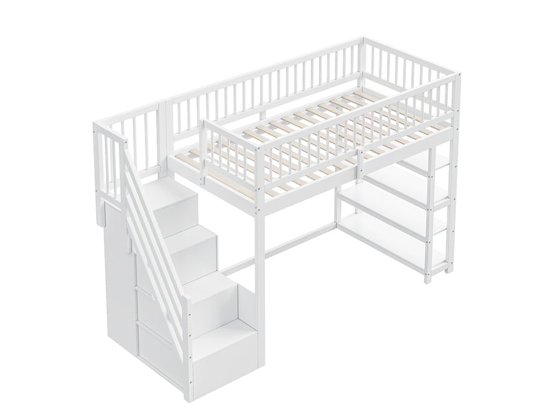 Lit mezzanine 90 x 200 cm, penderie, étagères et espace de rangement, échelle d'accès sécurisée, bois massif, blanc - Conforama E