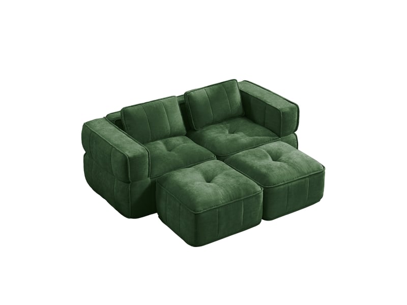  Canapé modulable 2 places avec 2 poufs, en polyester vert  - Conforama E