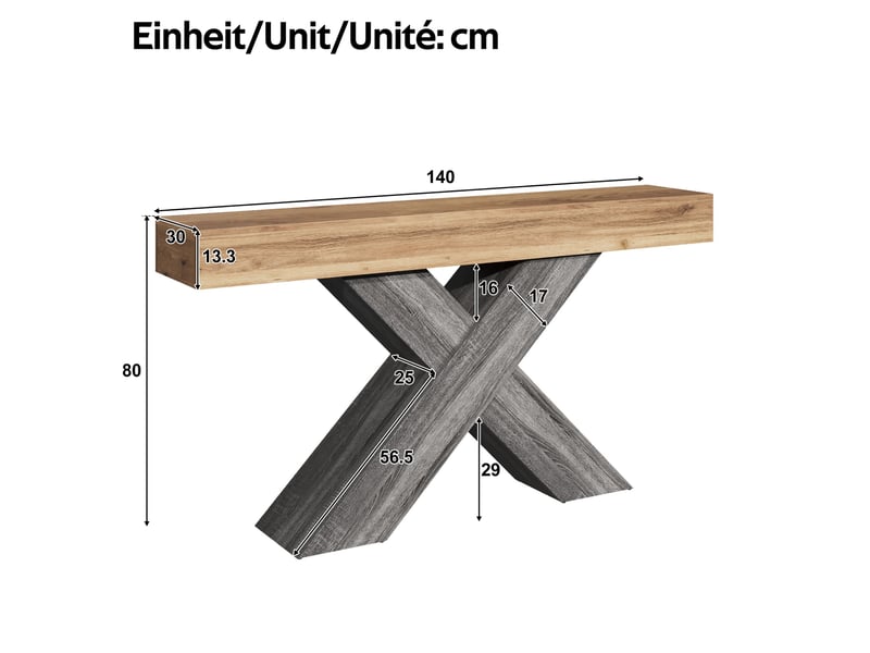  Table console 140 x 30 x 80 cm avec support croisé en x, décor bois naturel et gris, panneau de particules  - Conforama C