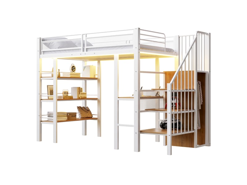 Lit mezzanine enfant 90x200 cm blanc en métal, bureau, led, prises, étagères et penderie Fay Lum - Conforama A