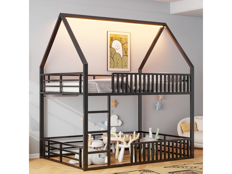 Lit superposé maison 140x200 cm noir, avec garde-corps, led 7 couleurs, structure métal, sommier inclus, sans matelas - Conforama R