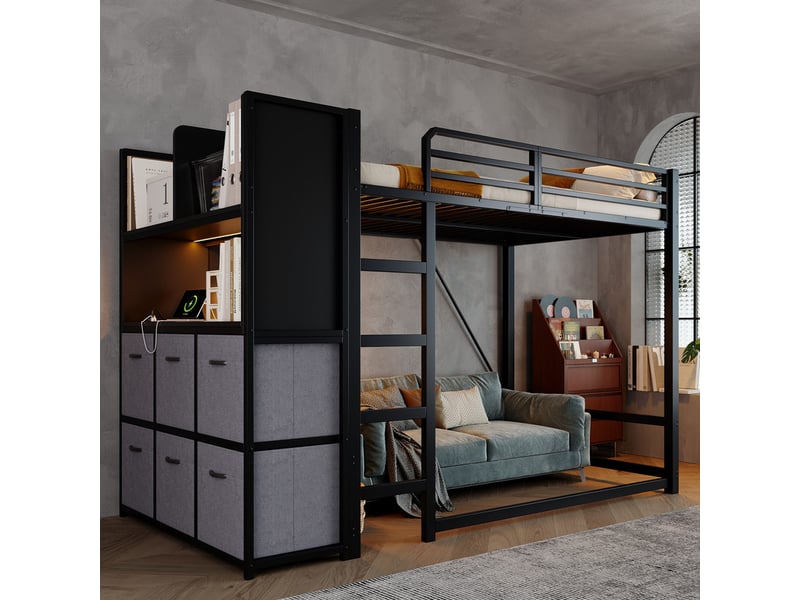  Lit superposé 120 x 200cm, avec échelle, rangement latéral, tiroirs en tissu, étagère ouverte, éclairage et station de charge, noir  - Conforama D