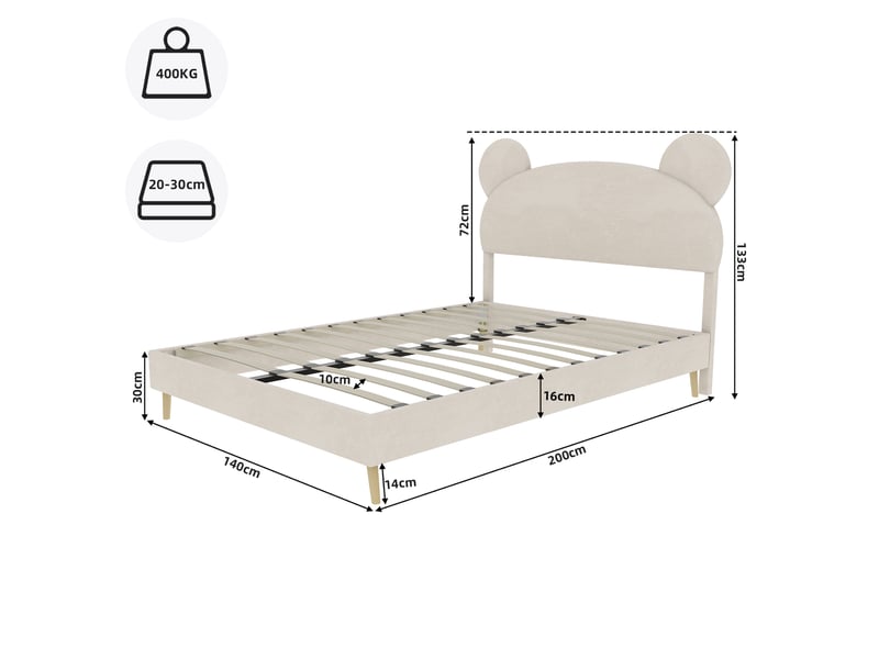  Lit enfant 140x200 cm avec tête cartoon, tissu et métal, beige, sans matelas  - Conforama C