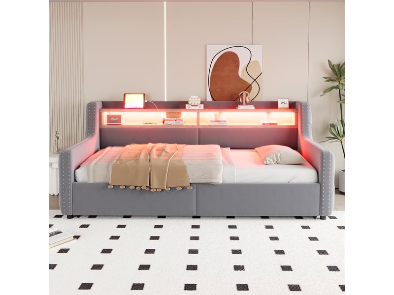  Lit banquette capitonné 90 x 200 cm,sommier à lattes, coffre de hydraulique, éclairage led, gris clair  - Conforama B