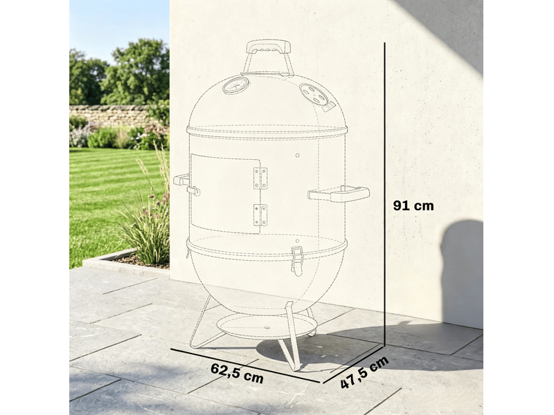  Barbecue fumoir 3-en-1 noir en métal, thermomètre intégré et ventilation réglable, 3 grilles de cuisson  - Conforama C