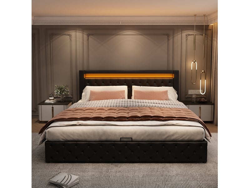  Lit coffre capitonné 140 x 190 cm avec sommier, rangement hydraulique et led noir  - Conforama D