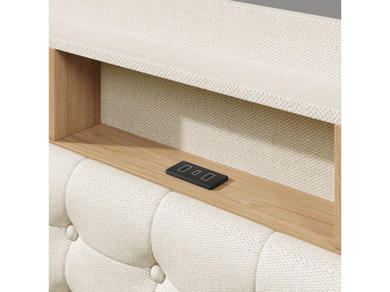  Lit coffre 180×200 cm double avec led, usb, type-c et rangements en lin et mdf beige sans matelas  - Conforama D