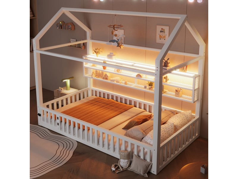 Lit cabane enfant 90x200 cm avec barrière, lit enfant en métal blanc, sans matelas  - Conforama W