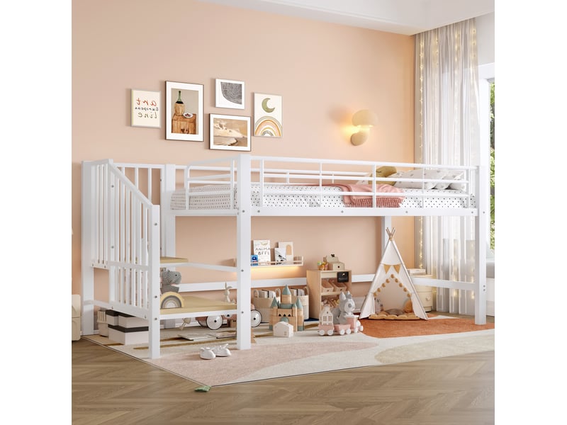  Modenvie lit mi-hauteur 90x200 cm - escalier de rangement, structure metal, sommier inclus - blanc  - Conforama E