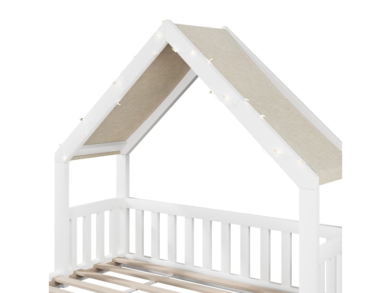  Lit cabane pour enfant, 140 x 200 cm, avec toit en tissu et guirlande lumineuse, structure en bois, blanc  - Conforama E