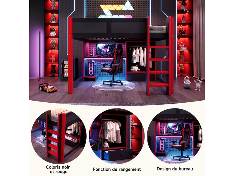 Lit mezzanine 140x200cm avec bureau gaming et armoire - lit double - éclairage led app, échelle, tiroirs, pin massif noir et rouge - Conforama E