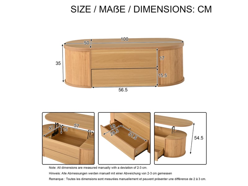  Table basse ovale relevable 100x50x35 cm - 1 tiroir - rangement dissimulé - mdf et panneaux de particules - bois naturel CozyNest - Conforama C