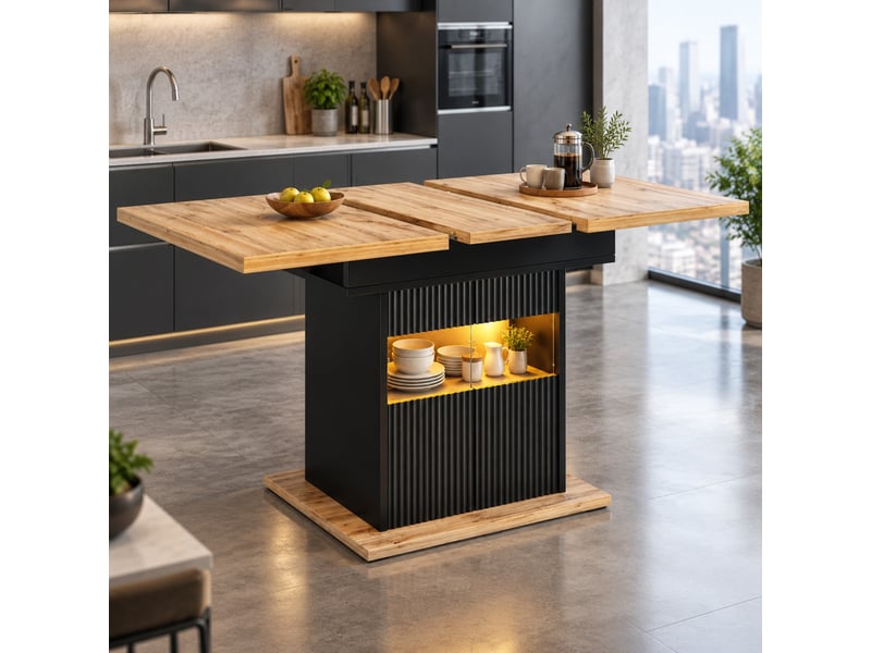  Table à manger extensible avec rangement éclairé led - lpospi - plateau mdf métal noir effet bois 110-140 × 80 × 76 cm  - Conforama B